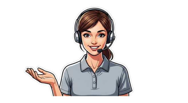 Smiling customer service representative wearing a headset, professional appearance, isolated on white background.