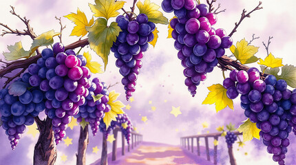 Vibrant purple grapes hanging from vine, soft pastel landscape. Viticulture, harvest, nature, wine production. For wine industry, healthy eating blogs, agricultural content