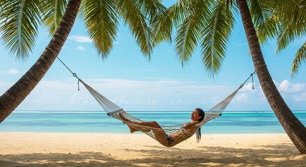 Woman relaxing in hammock on tropical beach