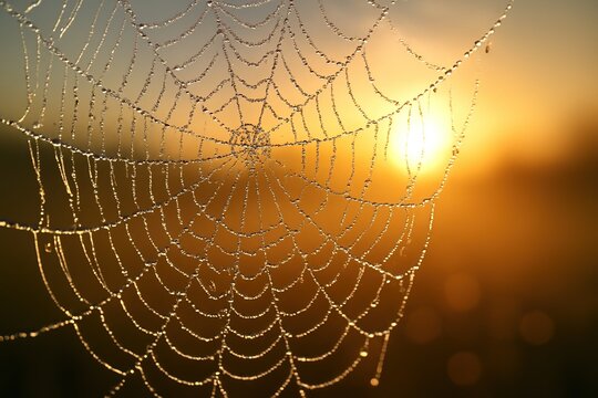 Delicate spiderweb glistening with tiny dew drops, backlit by the warm golden light of an early morning sunrise over a field.