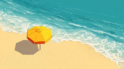 A solitary yellow beach umbrella provides shade on a golden sandy shore beside the gentle turquoise waves of the sea. Illustration.