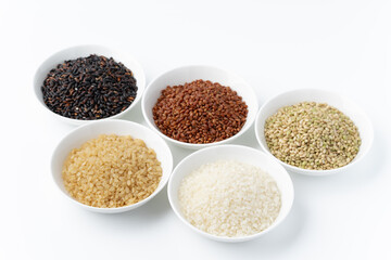 白背景に並べた色々な種類のお米（白米・発芽玄米・黒米・赤米・緑米）