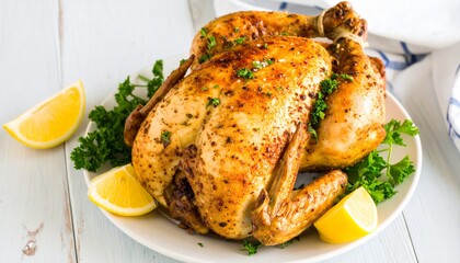 Roasted Chicken with Lemon and Parsley on White Plate