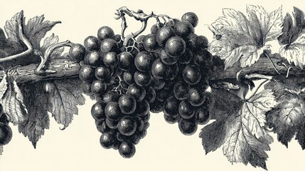 Fototapeta premium Black and white image of grape vine with leaves and clusters of grapes