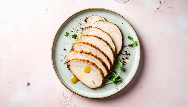 Sliced Roasted Pork Loin on Plate with Mustard and Microgreens