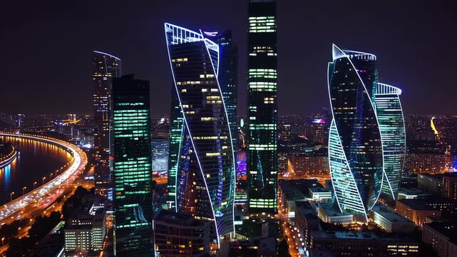 A breathtaking night view of a modern city skyline with illuminated skyscrapers and vibrant city lights. The glowing buildings and busy roads capture the energy, innovation, and urban beauty of the sp