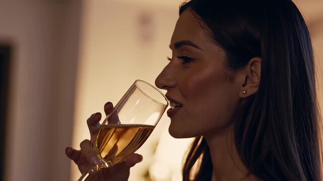 A woman with long dark hair holds a glass of white wine in a softly lit indoor setting. The relaxed atmosphere and warm tones evoke a sense of elegance, comfort, and quiet enjoyment during an evening 
