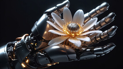 "The Human Touch: A Robotic Hand Touching a Luminous Flower, Embodying a Connection Between Machine and Life."
