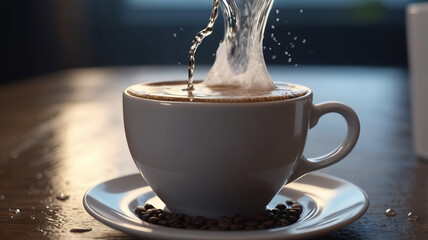 "A Burst of Purity in Morning Coffee: A Flow of Abundant Water Creates Sparkling Bubbles in a Creamy Cup."