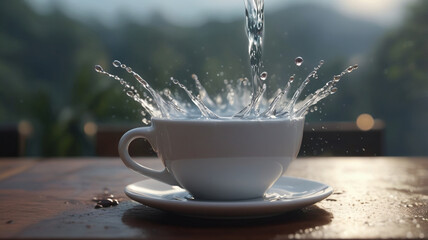 "A Refreshing Flood in a Coffee Cup: A Strong Flow of Pure Water Creates Flying Waves in the Morning."