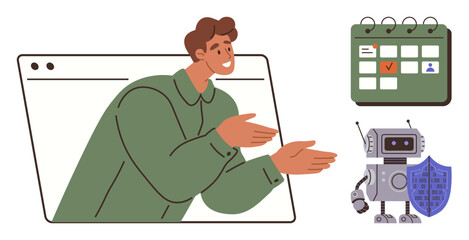 Man gestures from browser window, calendar shows task, robot with shield represents automation, security. Ideal for planning, teamwork, technology, AI, time management productivity simple flat
