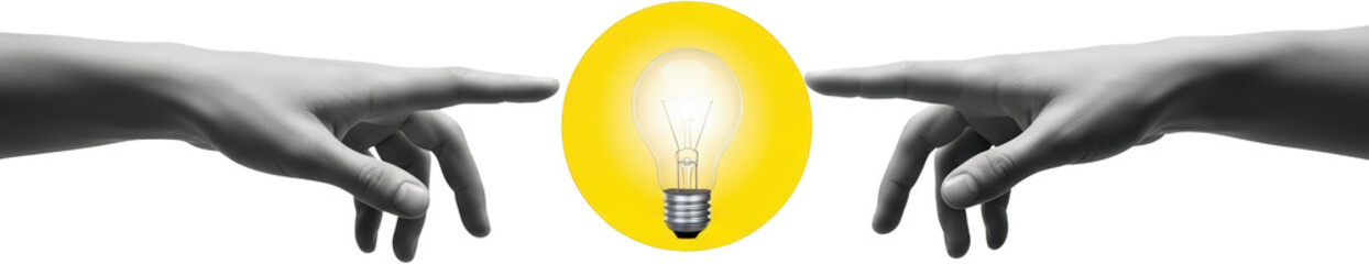 Two hands reaching towards a glowing light bulb within a yellow circle isolate collage art idea innovation