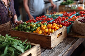 Colorful tomatoes & vegetables in wooden crates at a farmer's market
