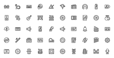 Music_1830 icon set. Vector music collection. Includes bongos, drum set, keyboard, DJ, headphones, guitar, microphone, speaker, and more. Editable stroke.