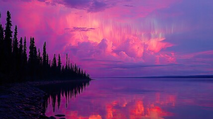 Silhouetted trees line a tranquil lake reflecting a vibrant aurora borealis sunset