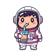 Fototapeta premium Adorable cartoon astronaut, vibrantly illustrated and isolated on a pristine white background, enjoying a fun beverage moment for delightful designs.