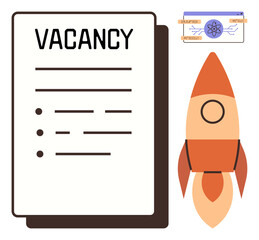 Vacancy form alongside a rocket icon symbolizing career advancement and futuristic design interface to promote innovation and technology. Ideal for recruitment, growth, innovation, technology