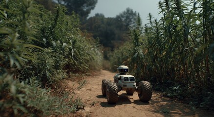 Fototapeta premium Robot Vehicle Moving in Crop Field: Shows agritech application, ideal for smart farming, agricultural robotics, or rural tech visuals.