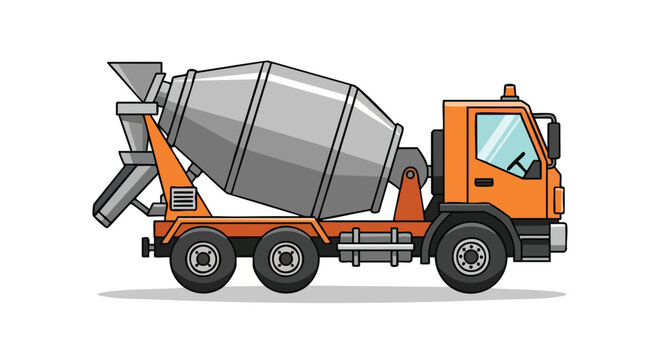 Illustrated concrete mixer truck with bold outlines against a stark white backdrop, construction equipment for construction sites, cement material