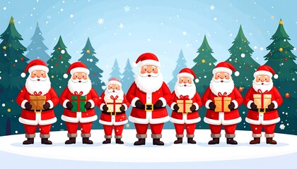 Obraz premium Cartoon Santa Claus figures in a winter landscape, holding gifts