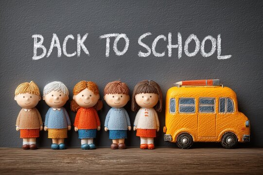 Back to School: Charming Dolls and School Bus Figurines on a Chalkboard Background for Educational and Decorative Use