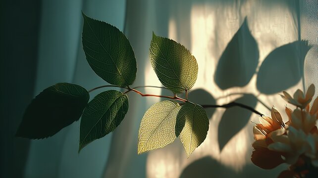 Sunlit Green Leaves on Branch with Soft Shadow, Nature Home Decor, Relaxing Atmosphere