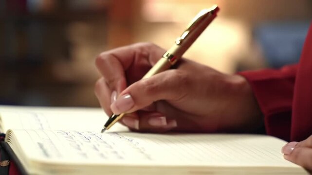 Woman in red writing in notebook with elegant gold pen at desk indoors