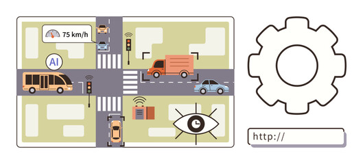 Automated vehicles monitored by AI at an urban intersection with sensors, cameras, and GPS integration. Ideal for technology, automation, smart city, traffic management, AI systems, data processing