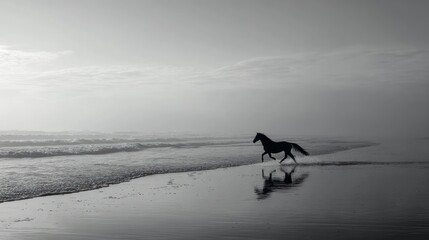 Horse running on coastal beach at dawn