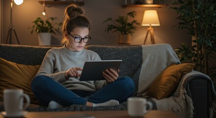 Woman using tablet on sofa at night