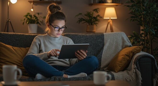 Woman using tablet on sofa at night - Powered by Adobe