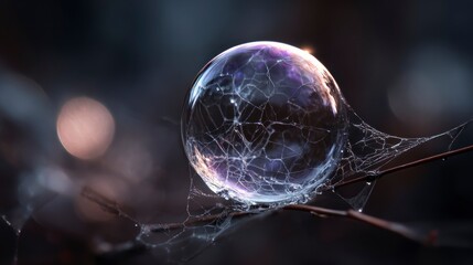 Intricate soap bubble on spider web