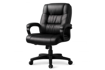 Black leather office chair with adjustable height and wheels, isolated on transparent background, perfect for interior design projects
