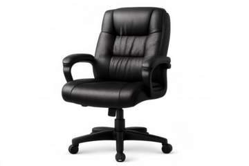 Black leather office chair with adjustable height and wheels, isolated on transparent background, perfect for interior design projects