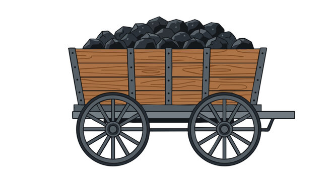Illustration depicting a vintage wooden coal mining cart heavily loaded with glistening black coal rocks on a plain white background