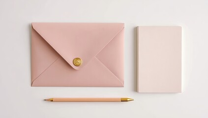 Pink stationery set, including an envelope, notebook, and a pencil on white background