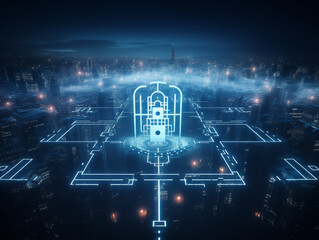 Futuristic cityscape with glowing digital network overlay, showcasing innovation and technology
