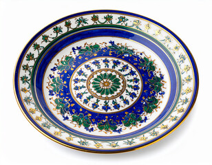 Fototapeta premium A beautiful ornamental ceramic plate with intricate blue green and gold floral patterns on a white background