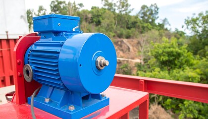 Industrial blue electric motor on red metal platform