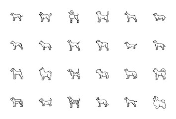 Dog Breeds icon set. Vector illustration of various dog breeds including Bullmastiff, Siberian Husky, Poodle, Chihuahua, Doberman, Corgi and more.