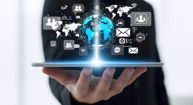 Global communication network concept with a man holding a digital tablet