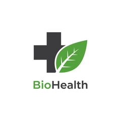 Fototapeta premium Bio Health logo design featuring a leaf and a cross, symbolizing natural healthcare.