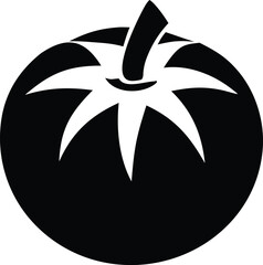 Simple black and white icon graphic of a ripe tomato showing stem and petals fresh produce healthy eating food symbol