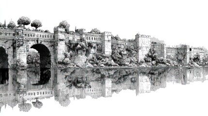 Ornate stone city on water, reflected, arched bridge, foliage