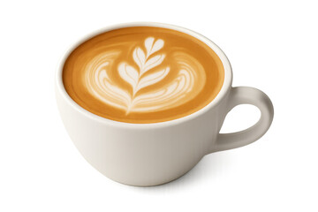 Latte art coffee in white cup on transparent background
