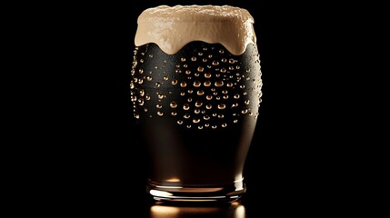 Pint glass of dark stout beer with a creamy frothy head and condensation beads on the glass surface.