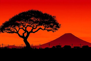 Fototapeta premium Silhouette Tree with Mt Fuji, Village Sunset Sky, Japan, Art, and Red Orange Scenery.