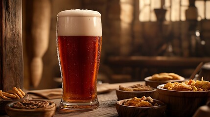 Craft beer glass with frothy head, showcasing amber ale, surrounded by snacks on a rustic pub table, warm atmosphere.