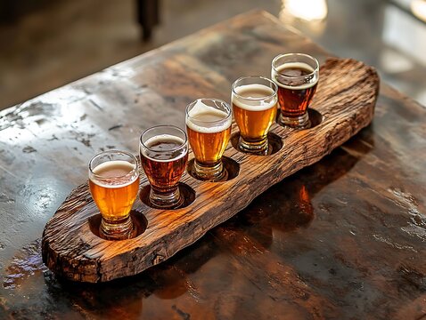 Craft beer tasting flight with five different types of beer served on a rustic wooden paddle in a pub setting.