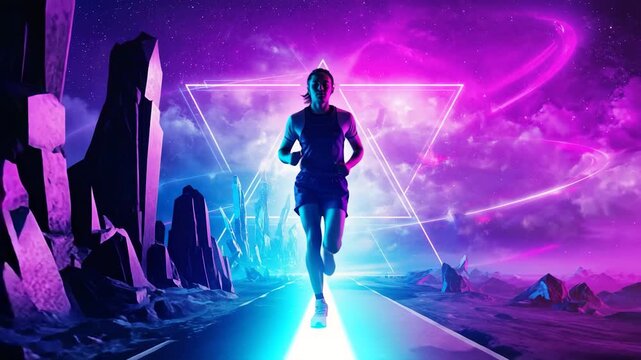 athlete runner space neon lights active sport game digital video motion